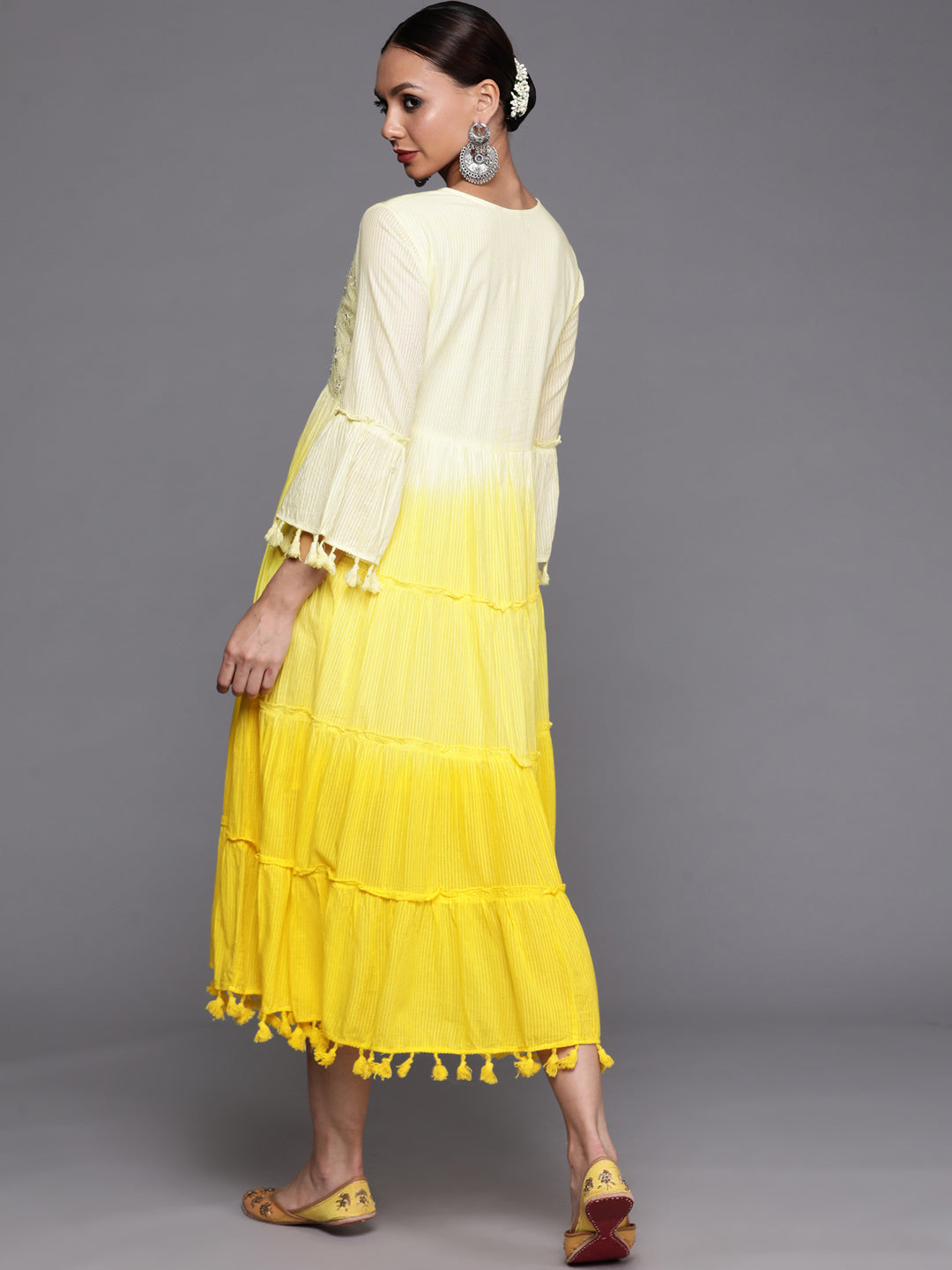 IE Yellow Floral Embroidered A-line Dress