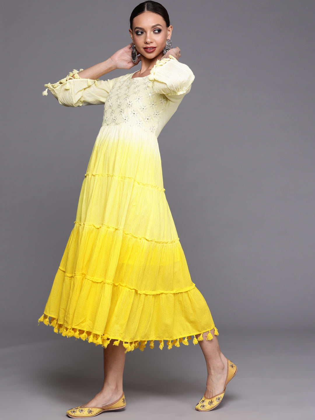 IE Yellow Floral Embroidered A-line Dress