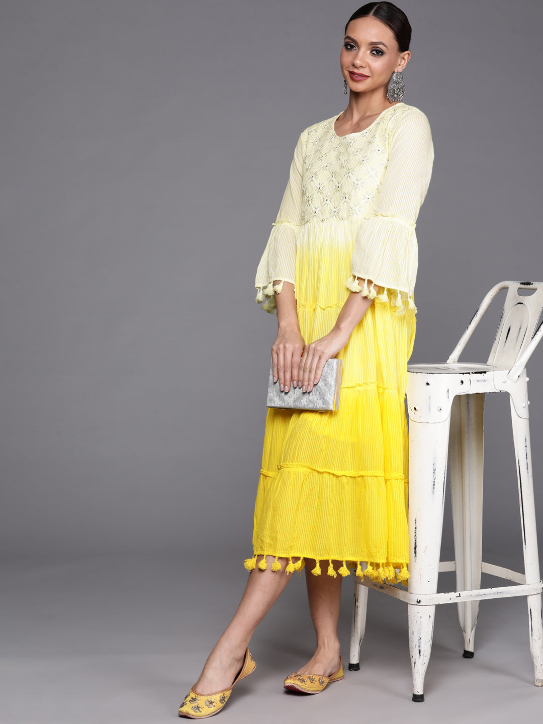 IE Yellow Floral Embroidered A-line Dress