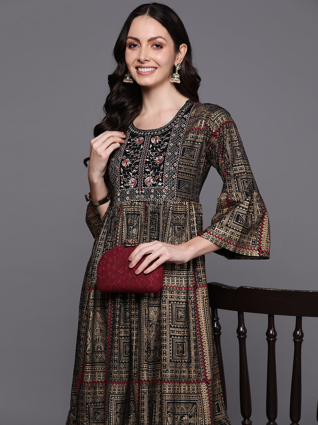 IE Black Embroidered A-Line Ethnic Dress