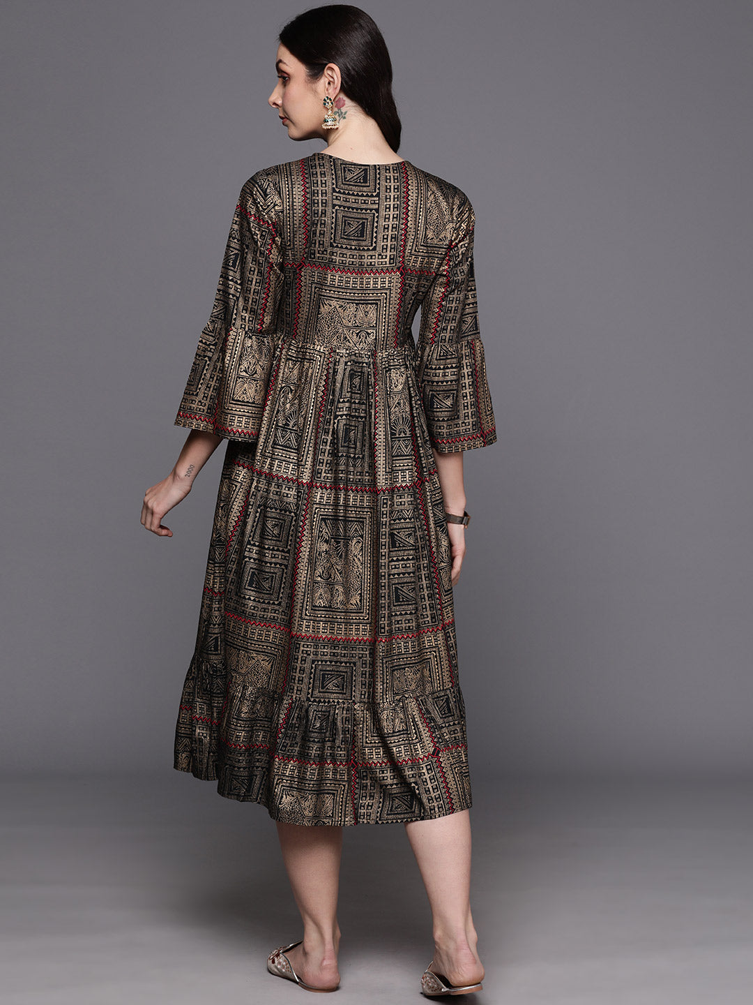 IE Black Embroidered A-Line Ethnic Dress