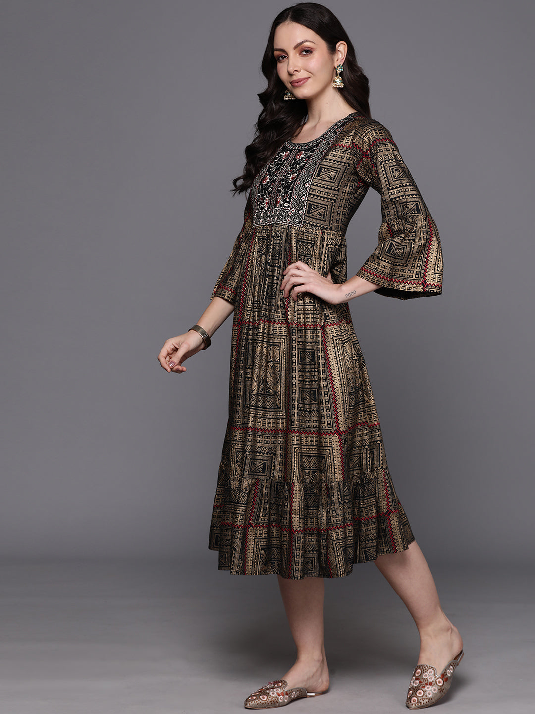 IE Black Embroidered A-Line Ethnic Dress