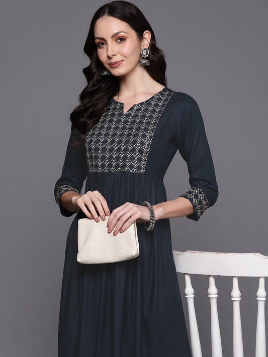 IE Blue Embroidered A-Line Ethnic Dress