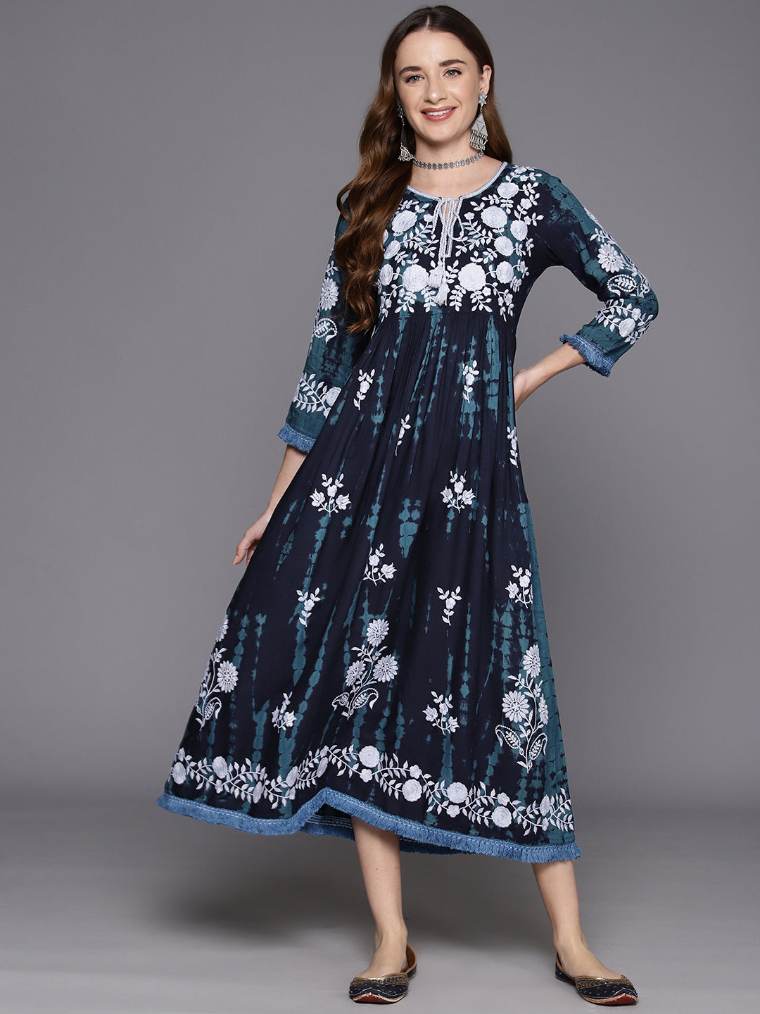 IE Blue Embroidered A-Line Ethnic Dress