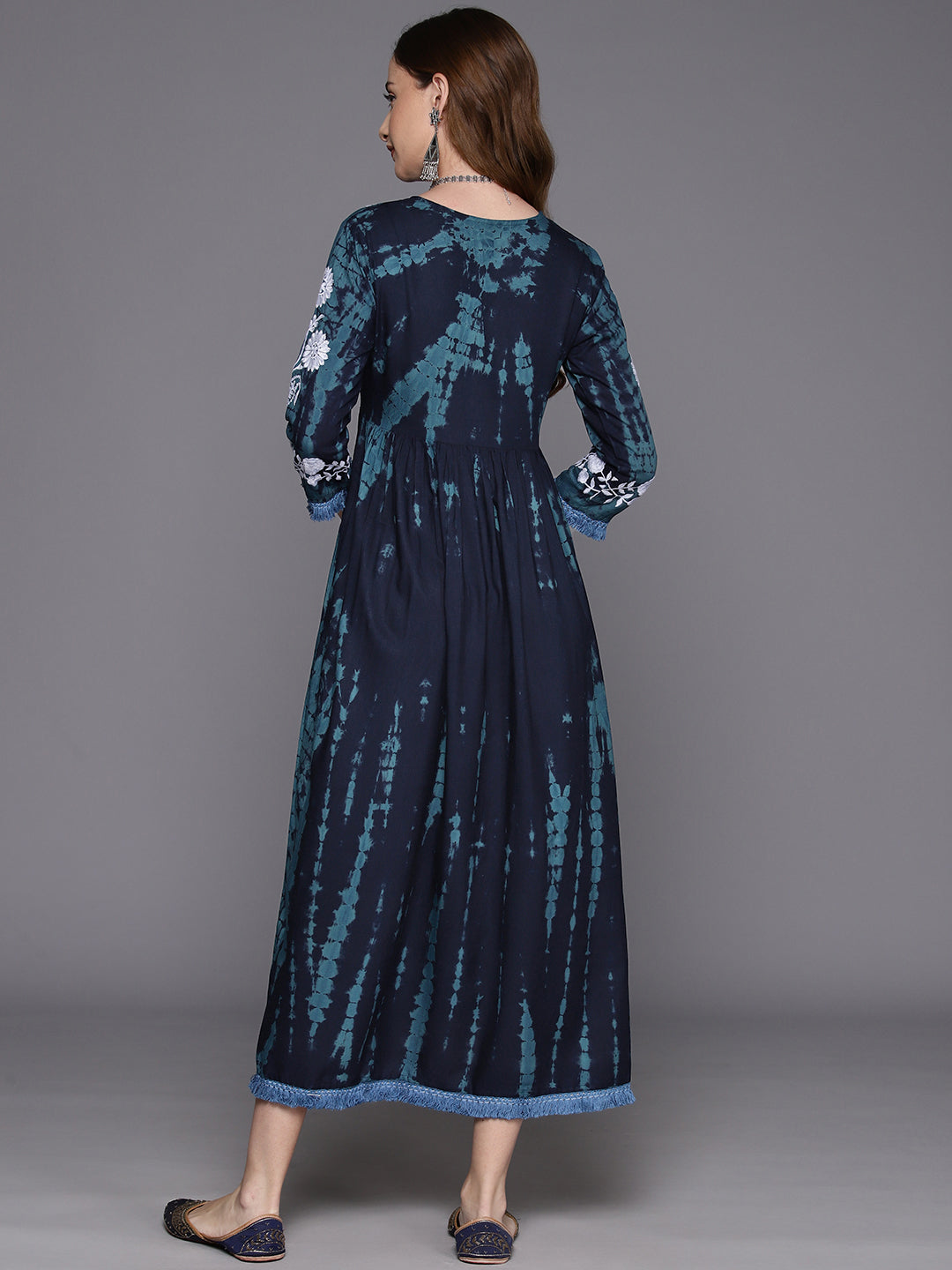 IE Blue Embroidered A-Line Ethnic Dress