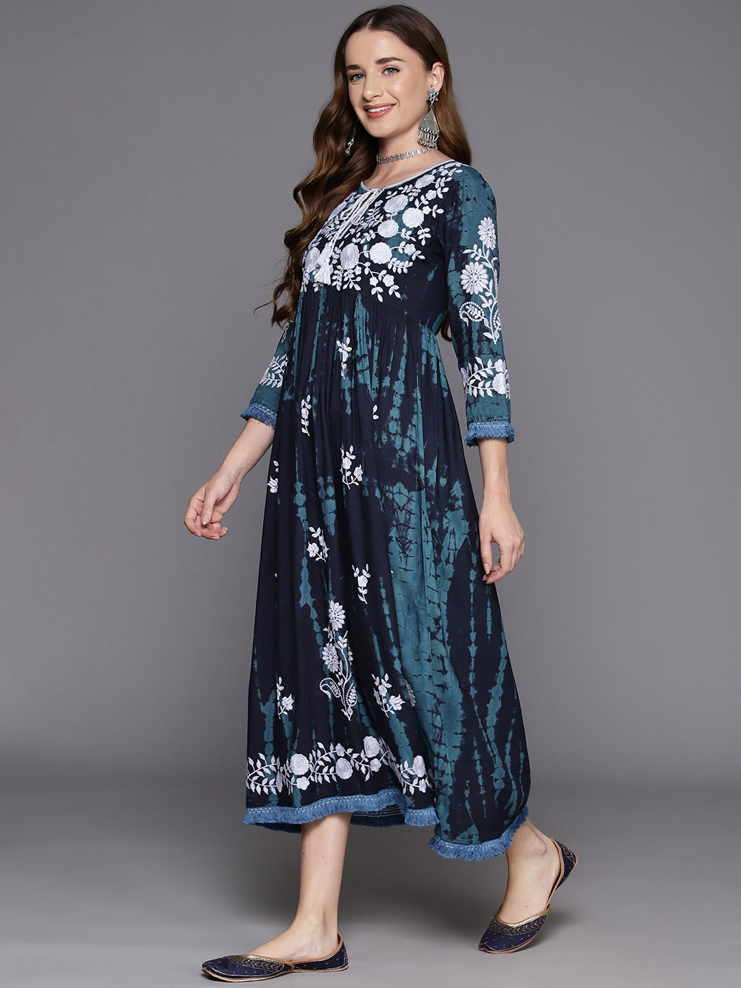 IE Blue Embroidered A-Line Ethnic Dress