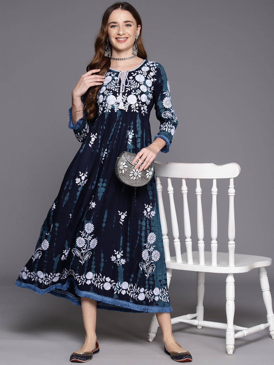 IE Blue Embroidered A-Line Ethnic Dress