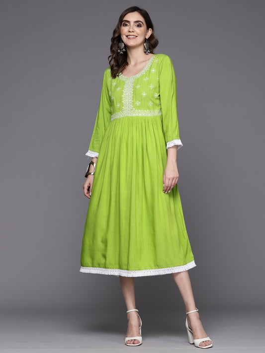 IE Green Embroidered A-Line Ethnic Dress