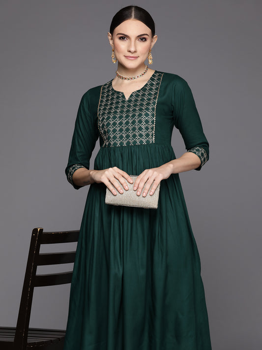 IE Green Embroidered A-Line Ethnic Dress