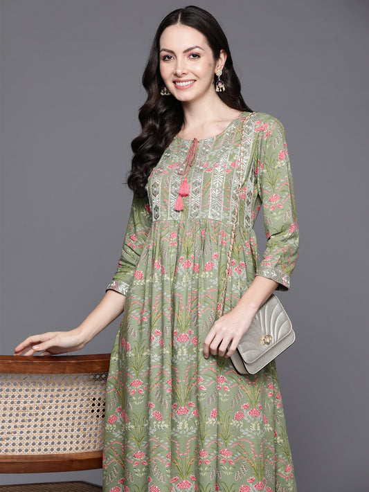 IE Green Embroidered A-Line Ethnic Dress