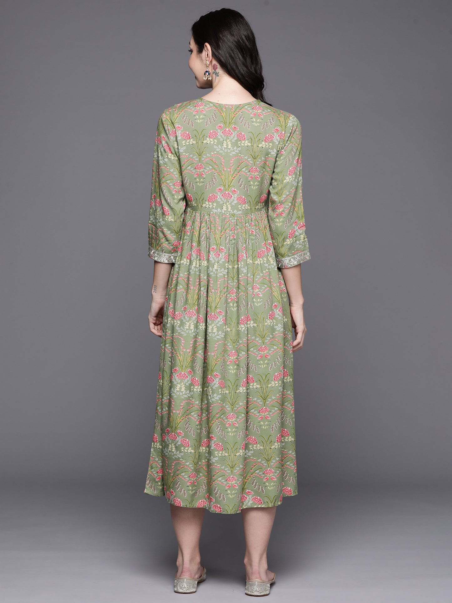 IE Green Embroidered A-Line Ethnic Dress