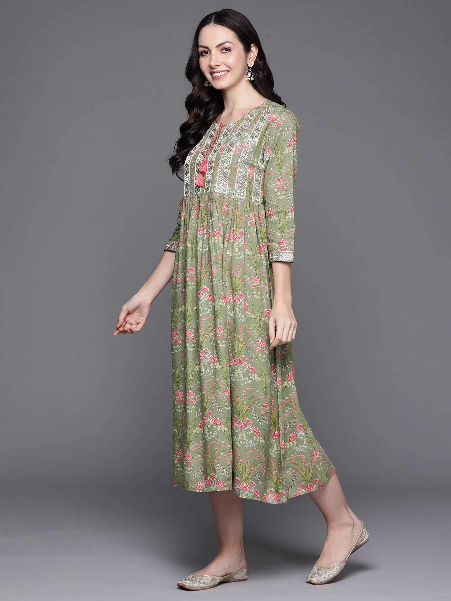 IE Green Embroidered A-Line Ethnic Dress