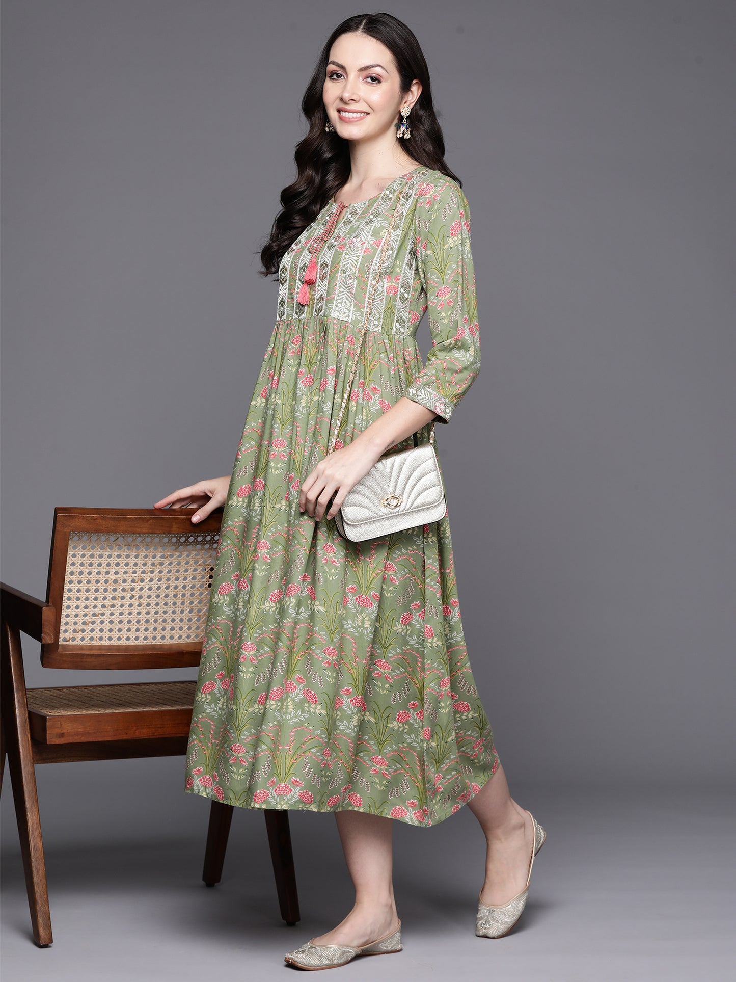 IE Green Embroidered A-Line Ethnic Dress