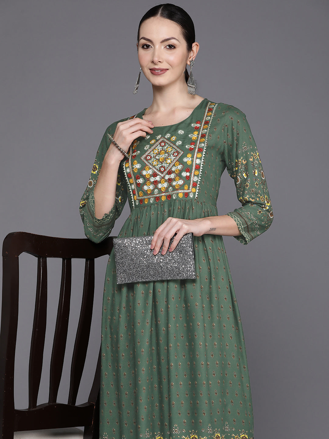 IE Green Embroidered A-Line Ethnic Dress