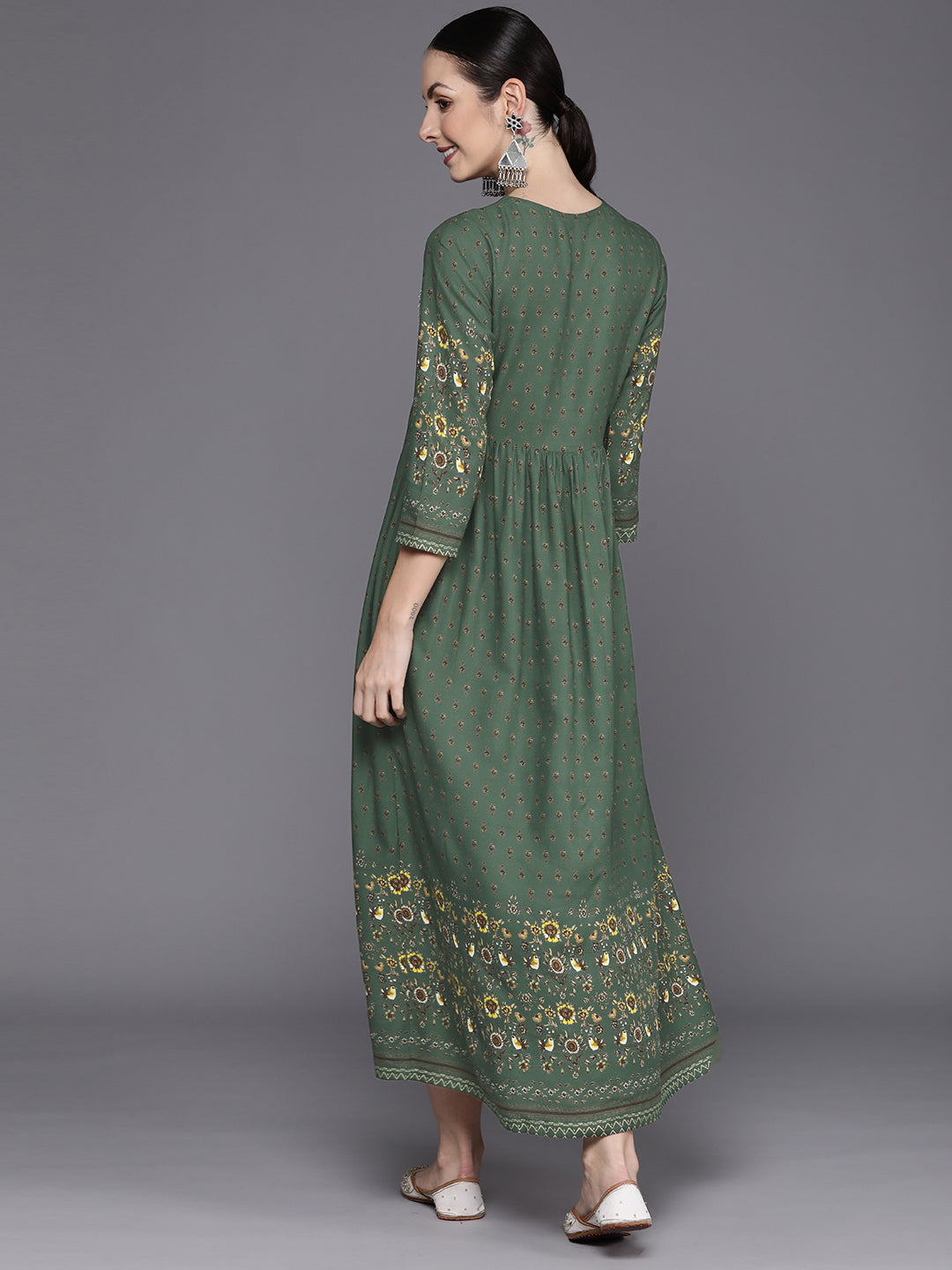 IE Green Embroidered A-Line Ethnic Dress