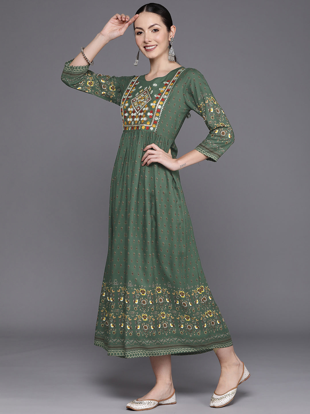 IE Green Embroidered A-Line Ethnic Dress