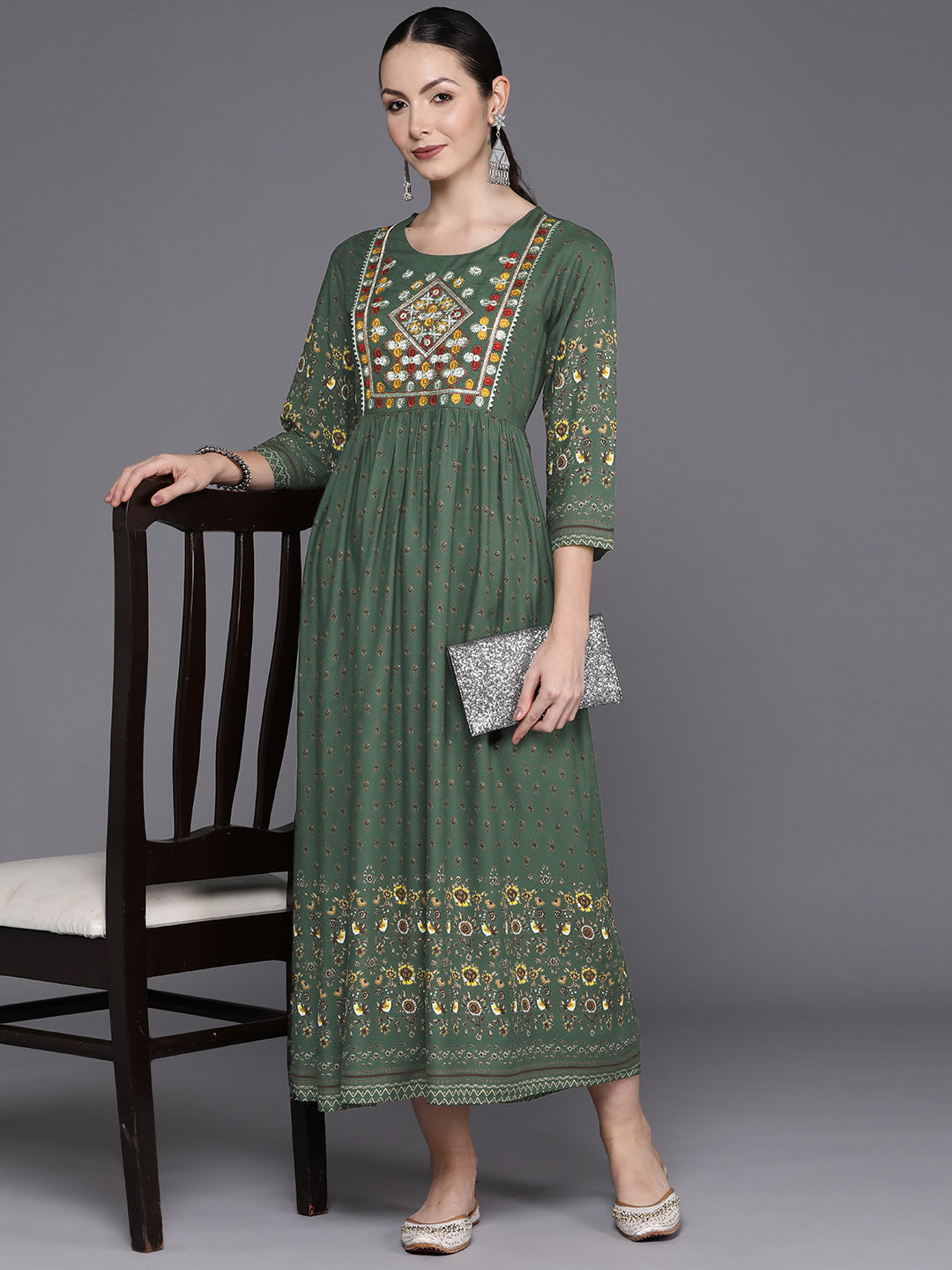 IE Green Embroidered A-Line Ethnic Dress