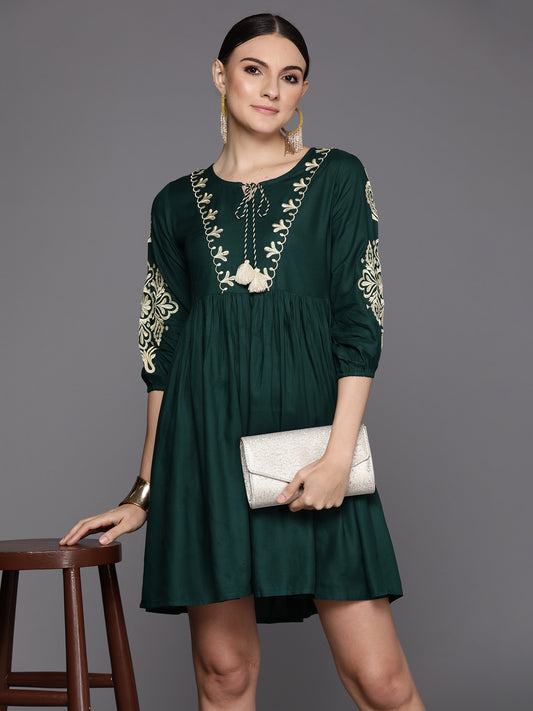 IE Green Embroidered A-Line Ethnic Dress