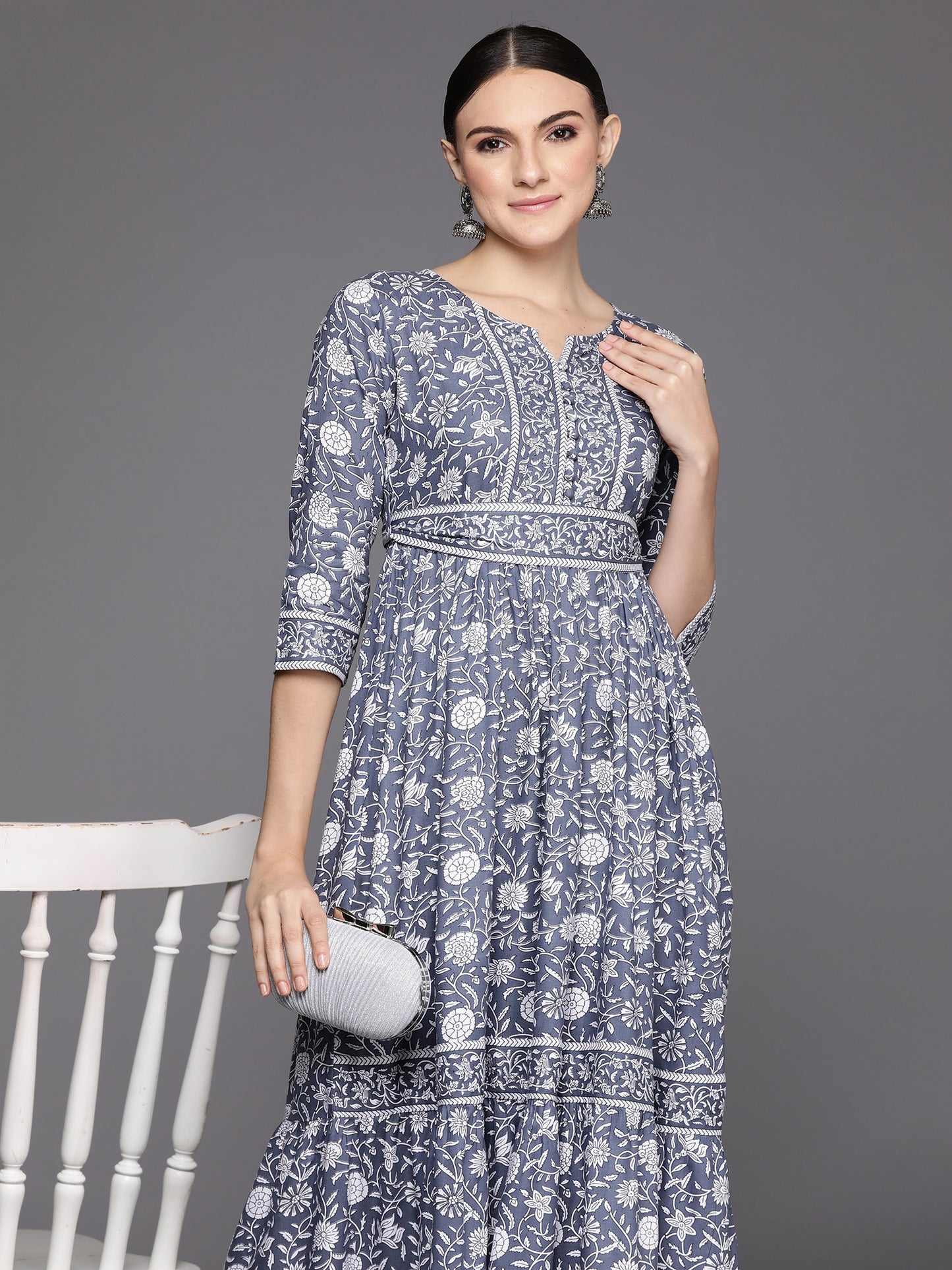 IE Grey Printed A-Line Smart Casual Dress