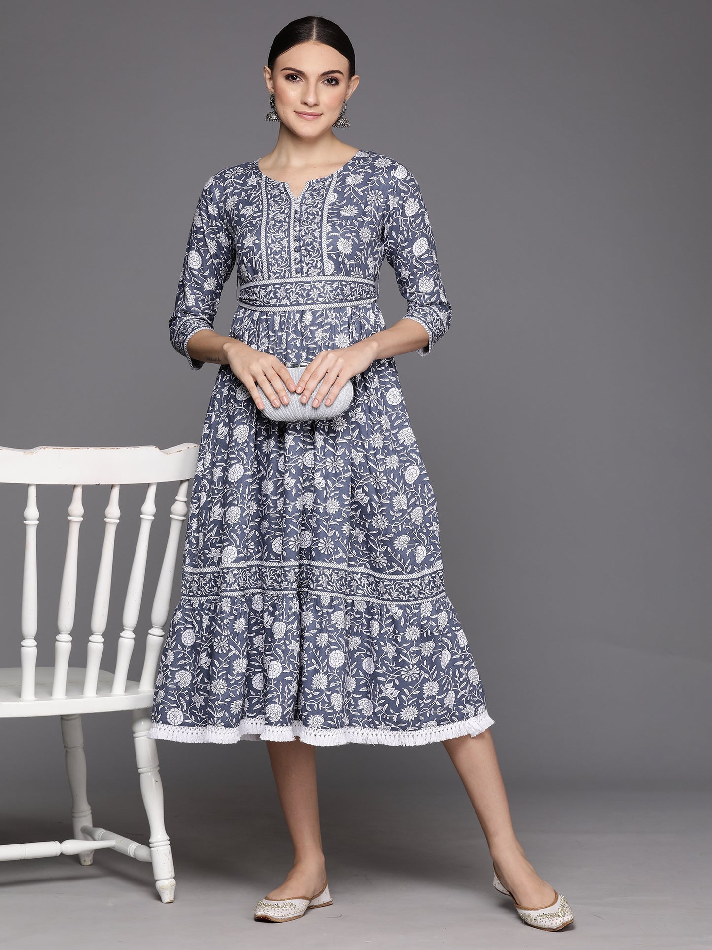 IE Grey Printed A-Line Smart Casual Dress