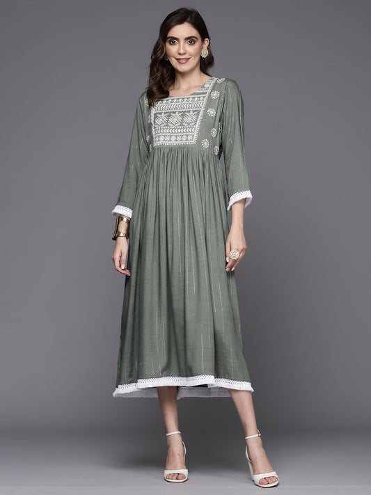 IE Grey Embroidered A-Line Ethnic Dress