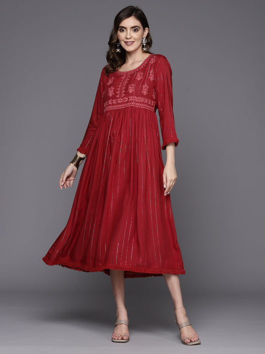 IE Maroon Embroidered A-Line Ethnic Dress