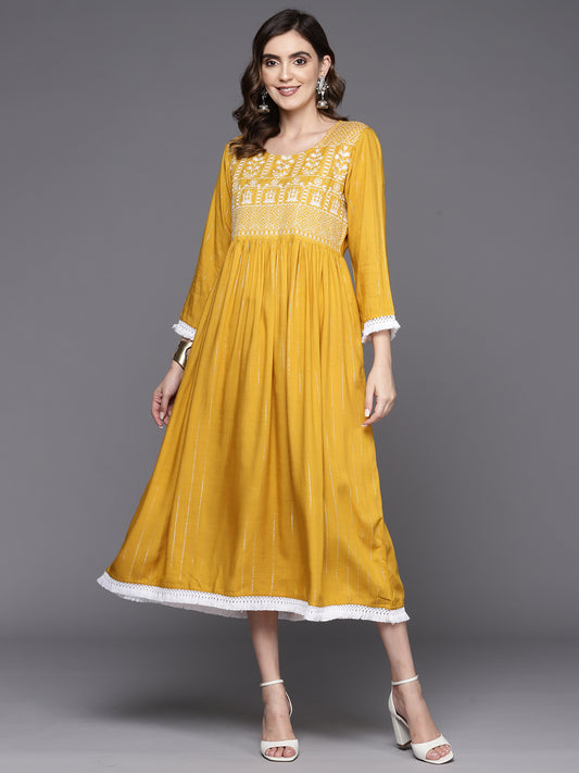 IE Mustard Embroidered A-Line Ethnic Dress