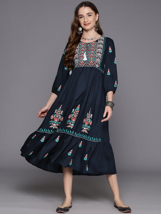 IE Navy Blue Embroidered A-Line Ethnic Dress