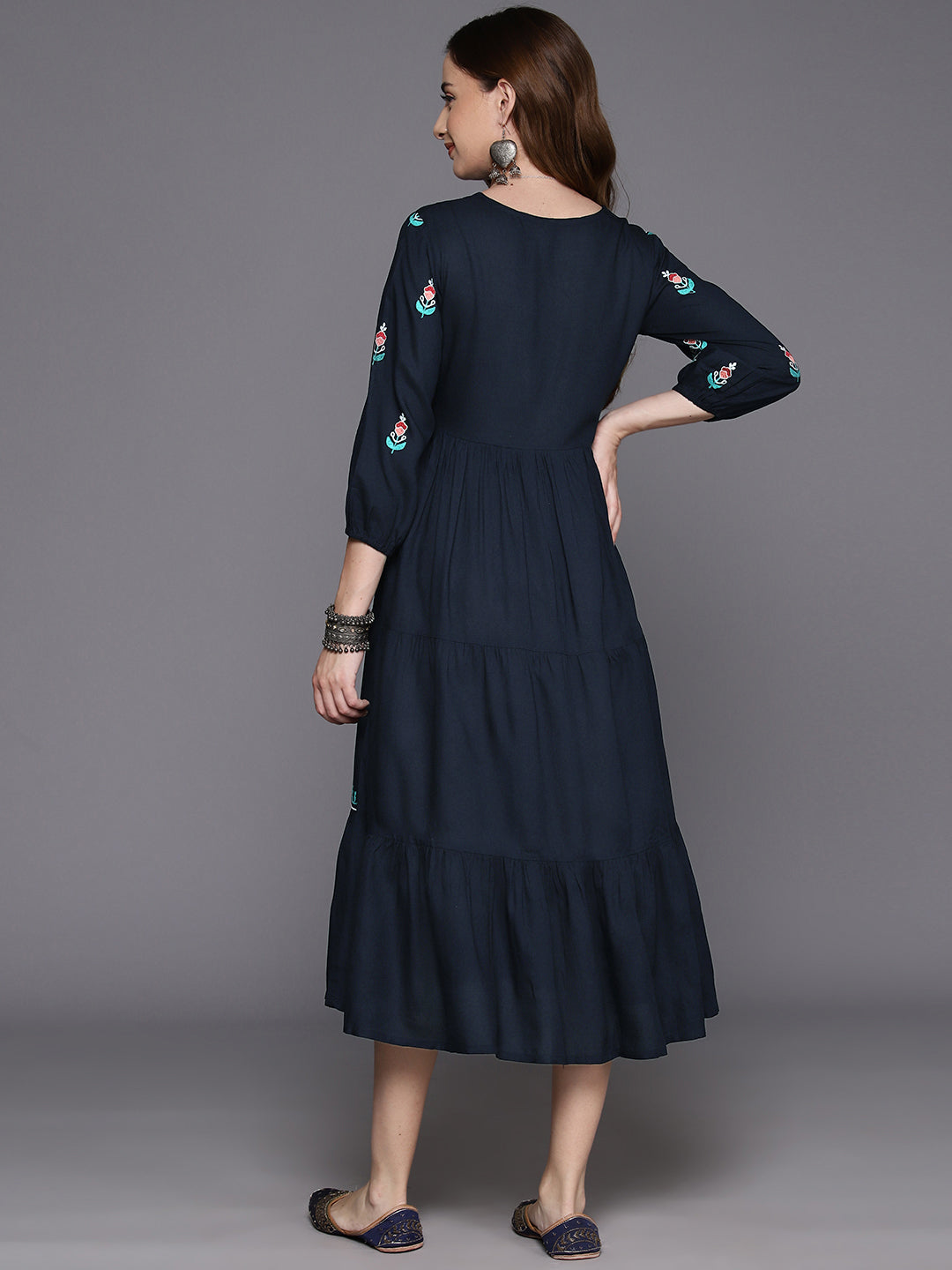 IE Navy Blue Embroidered A-Line Ethnic Dress