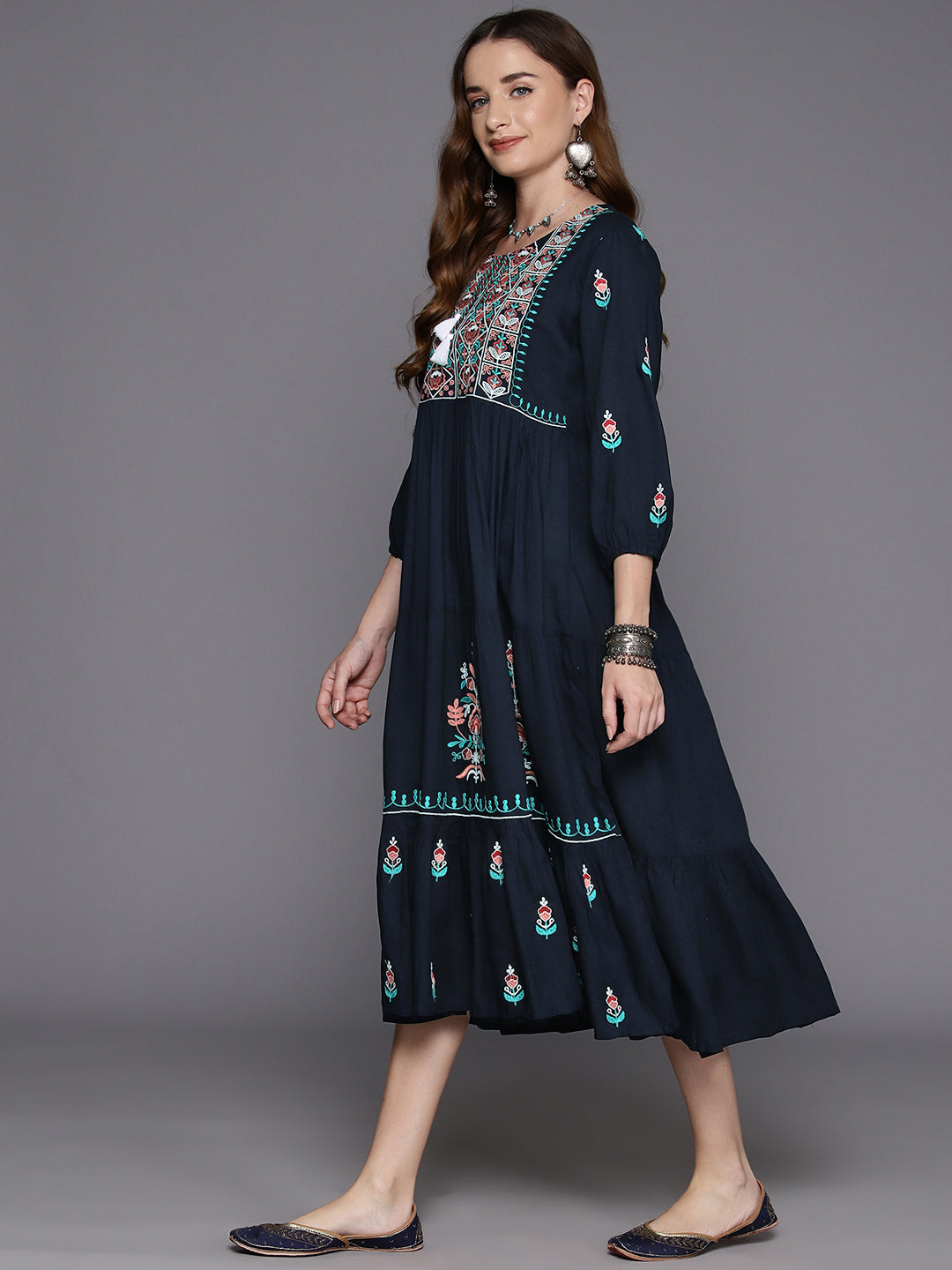 IE Navy Blue Embroidered A-Line Ethnic Dress