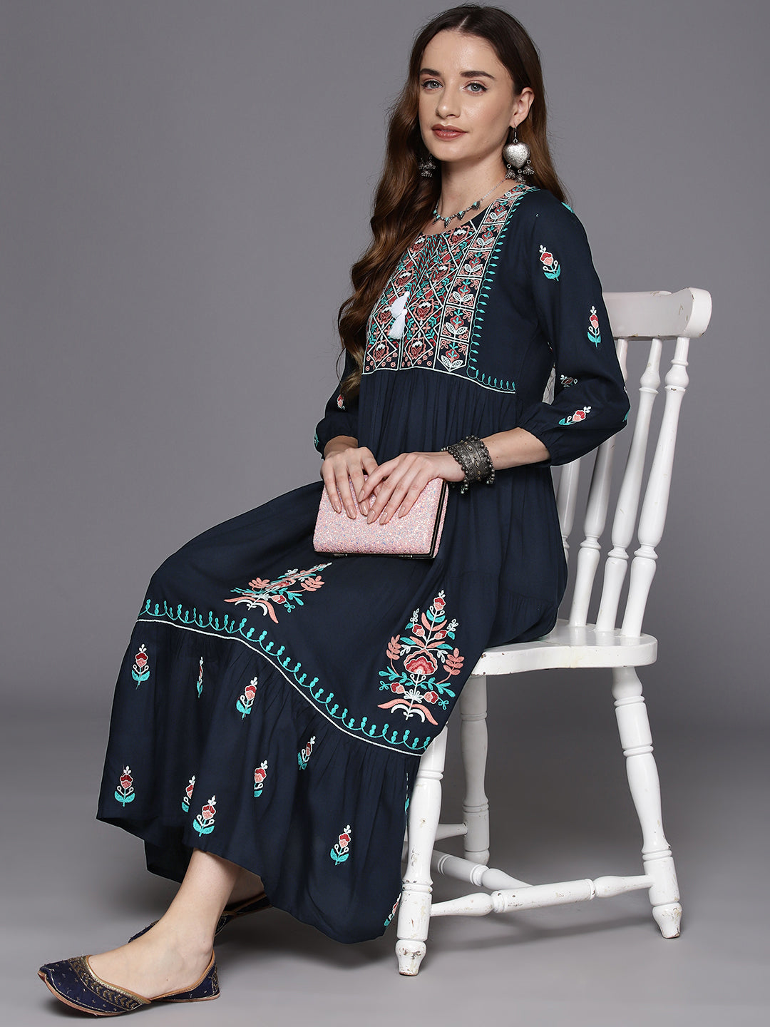 IE Navy Blue Embroidered A-Line Ethnic Dress