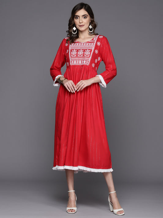 IE Red Embroidered A-Line Ethnic Dress