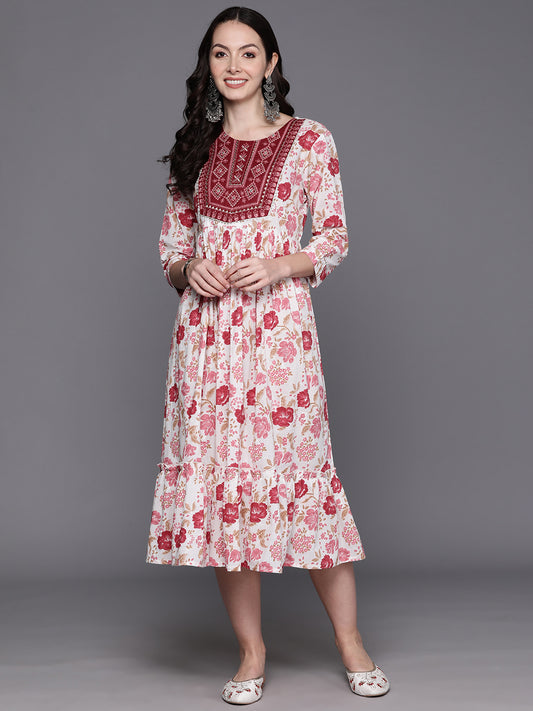 IE Red Embroidered A-Line Ethnic Dress