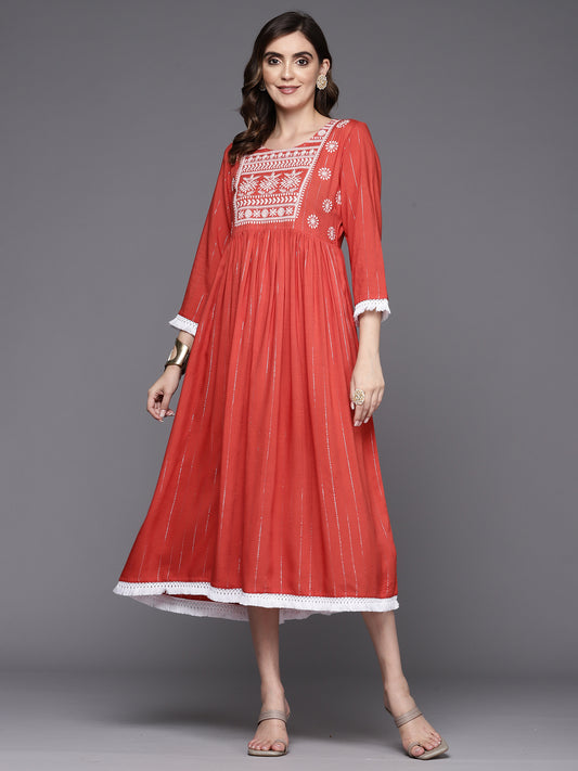 IE Rust Embroidered A-Line Ethnic Dress