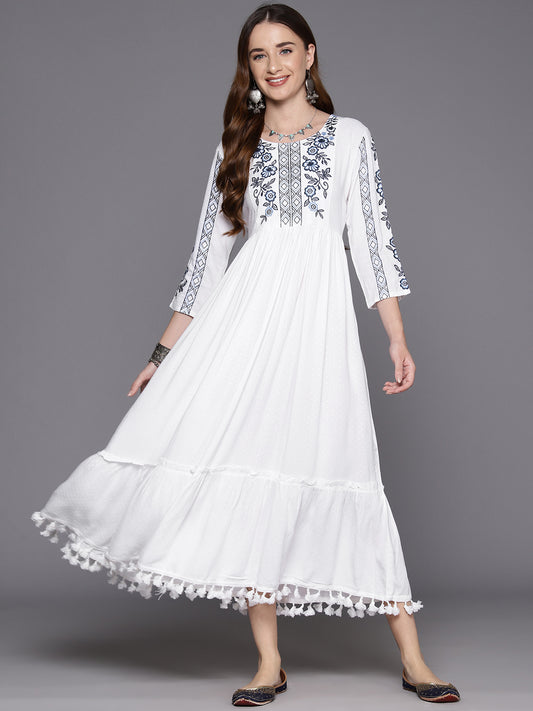 IE White Embroidered A-Line Smart Casual Dress