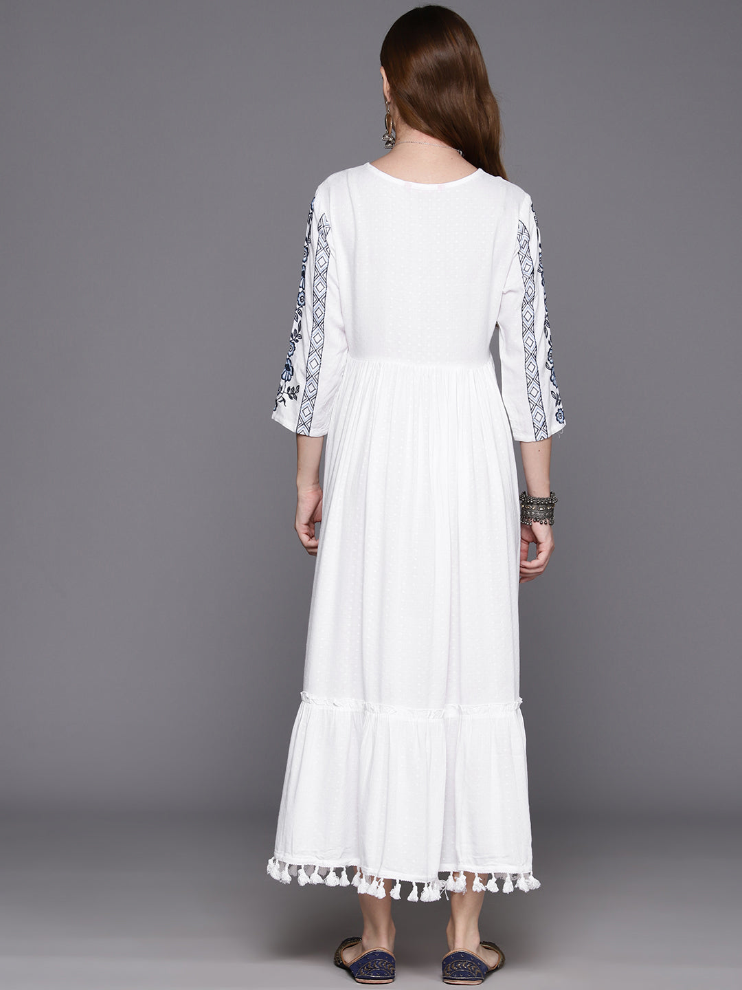 IE White Embroidered A-Line Smart Casual Dress