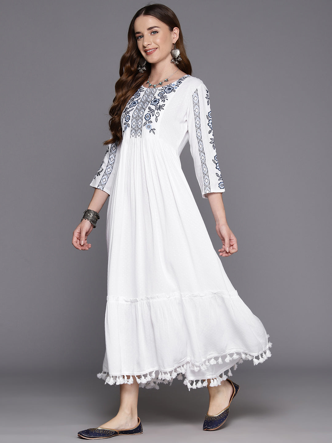 IE White Embroidered A-Line Smart Casual Dress