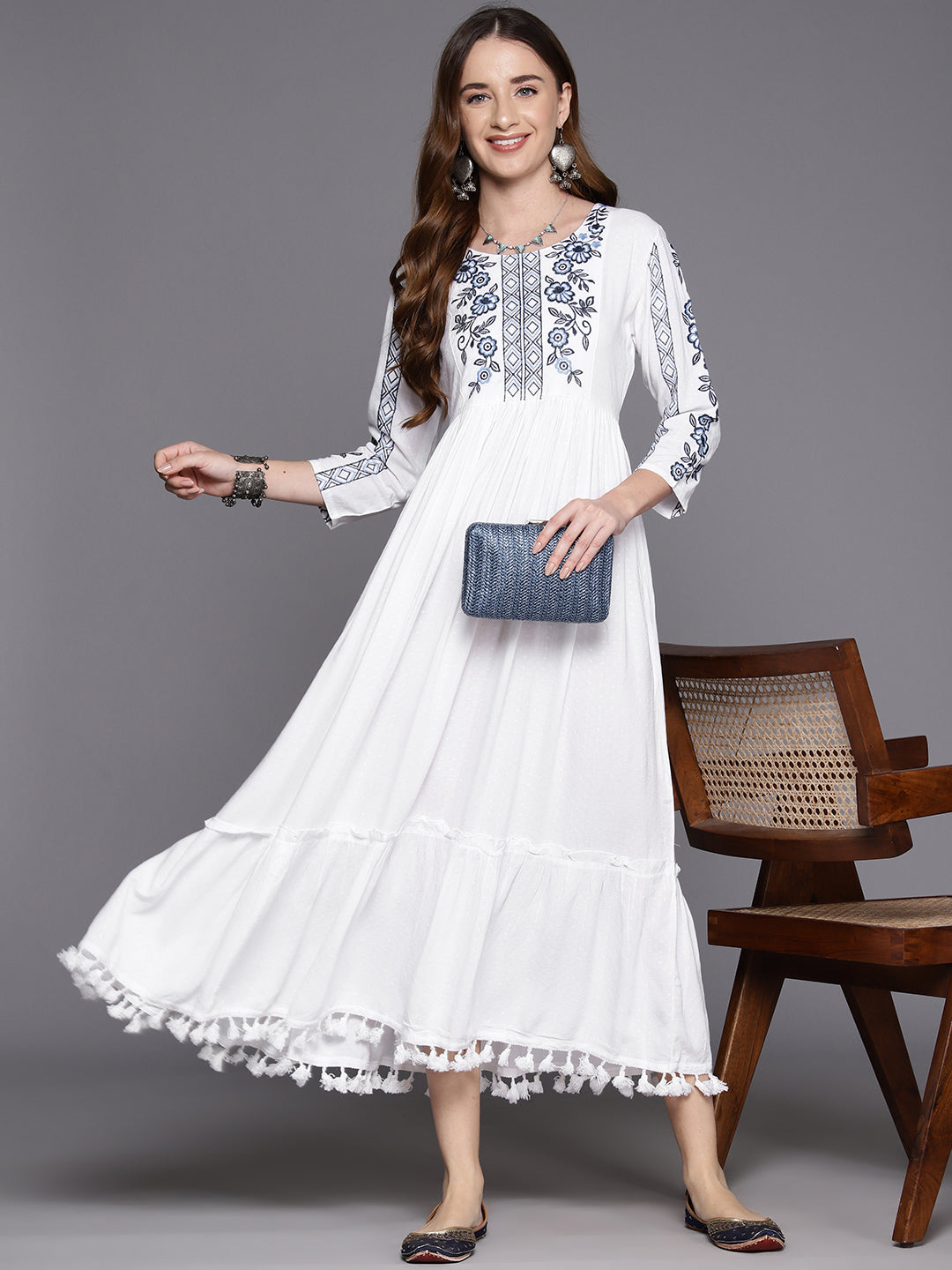 IE White Embroidered A-Line Smart Casual Dress