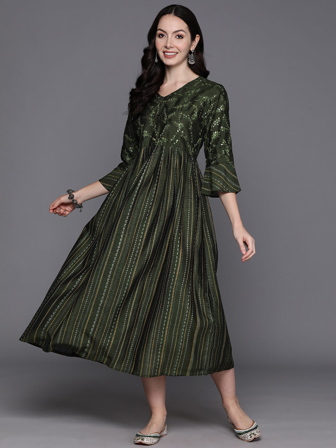 IE Green Embroidered A-Line Ethnic Dress