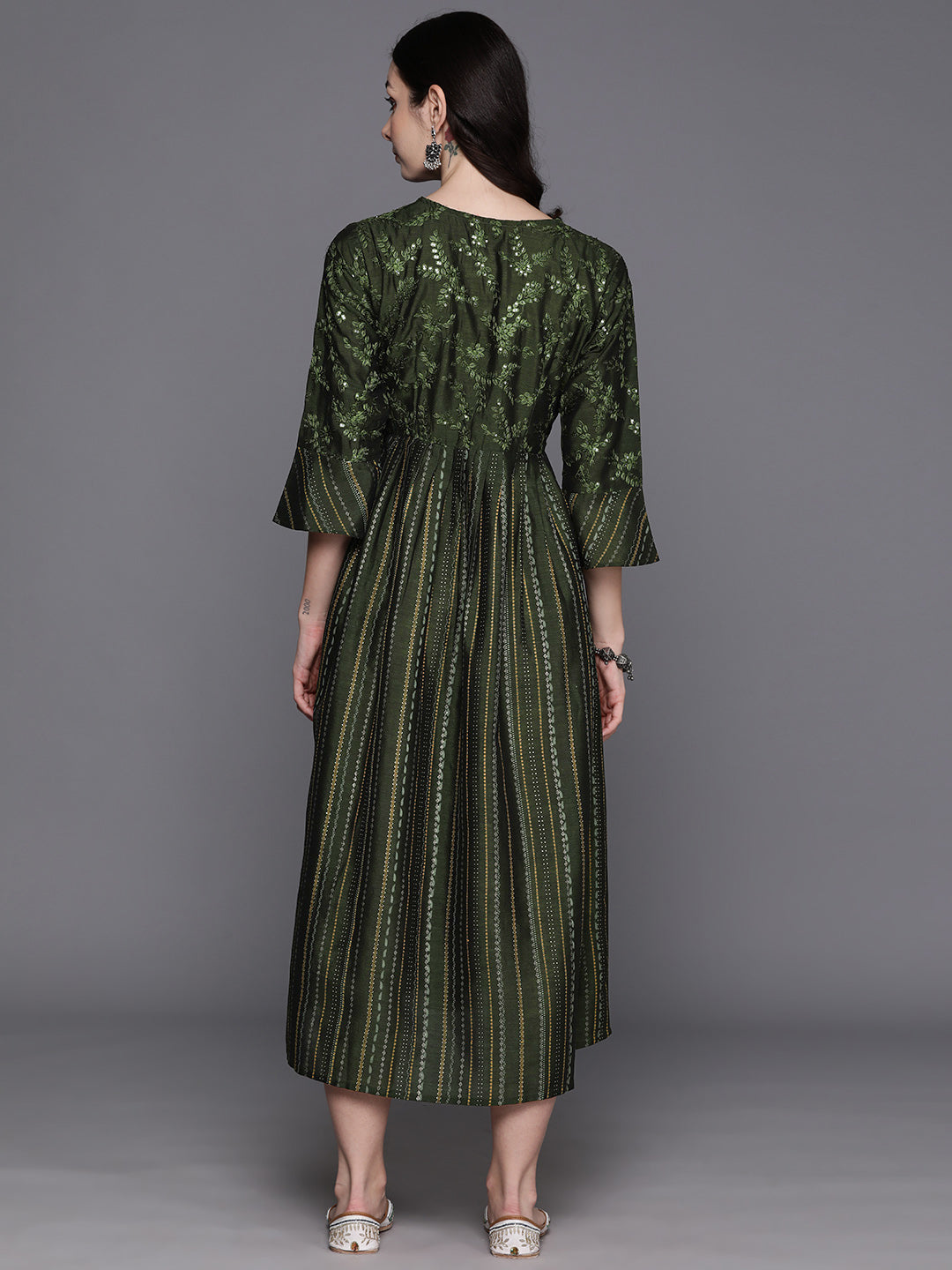 IE Green Embroidered A-Line Ethnic Dress