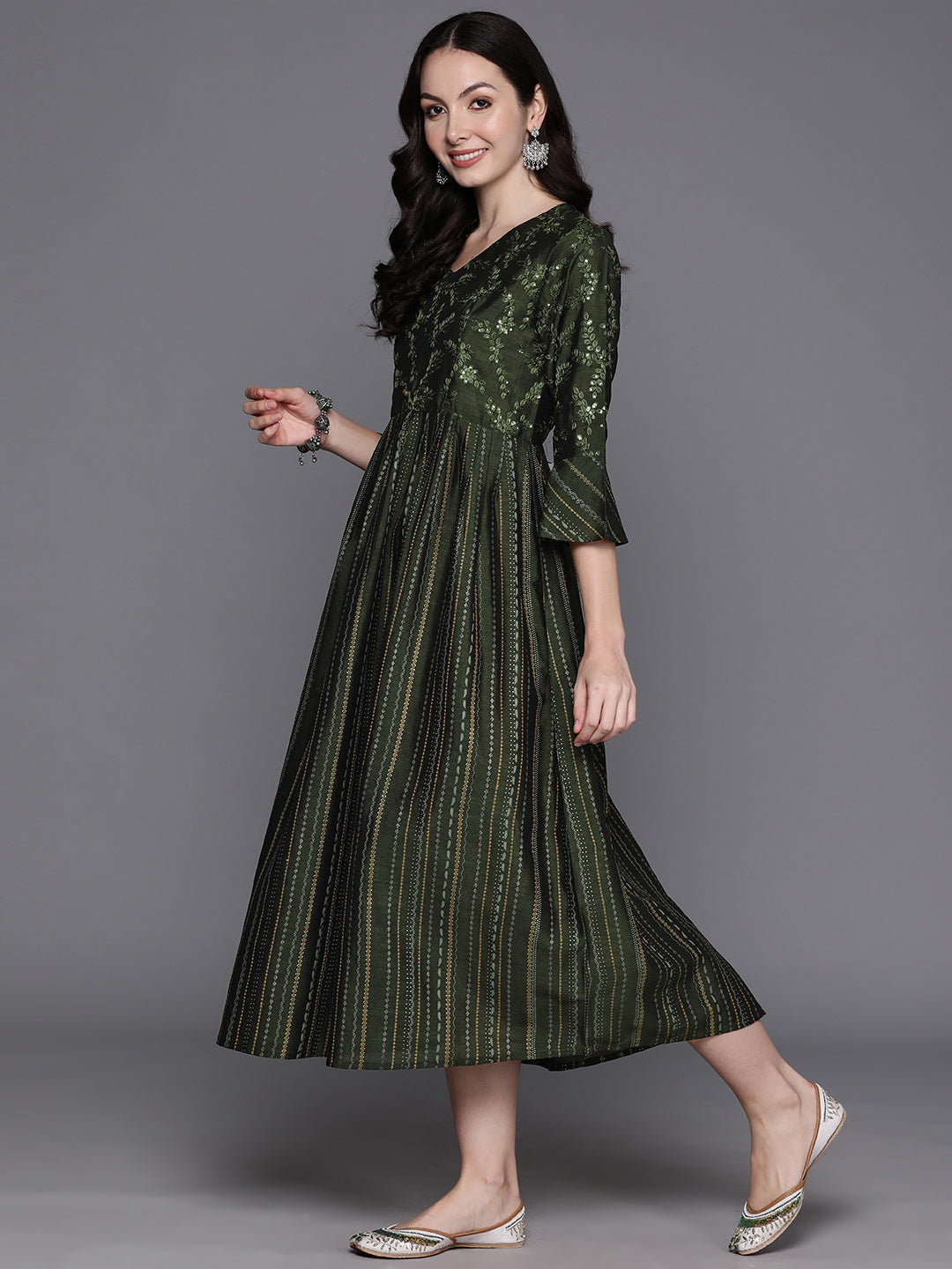 IE Green Embroidered A-Line Ethnic Dress