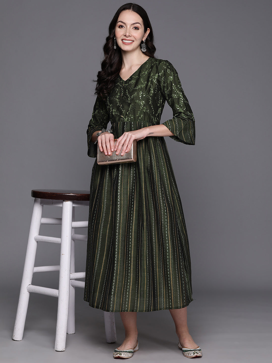 IE Green Embroidered A-Line Ethnic Dress