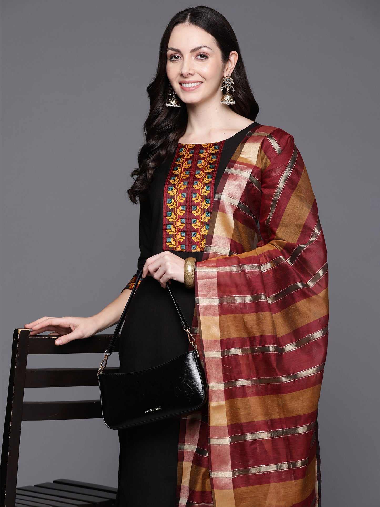 IE Black Yoke Design Straight Kurta Palazzos With Dupatta Set