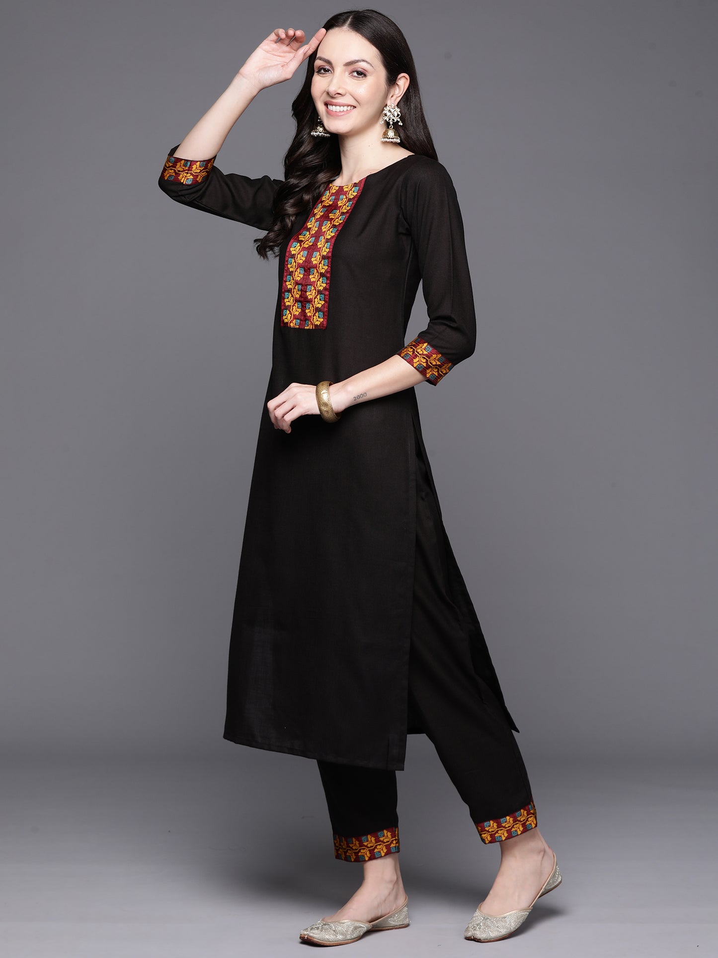 IE Black Yoke Design Straight Kurta Palazzos With Dupatta Set