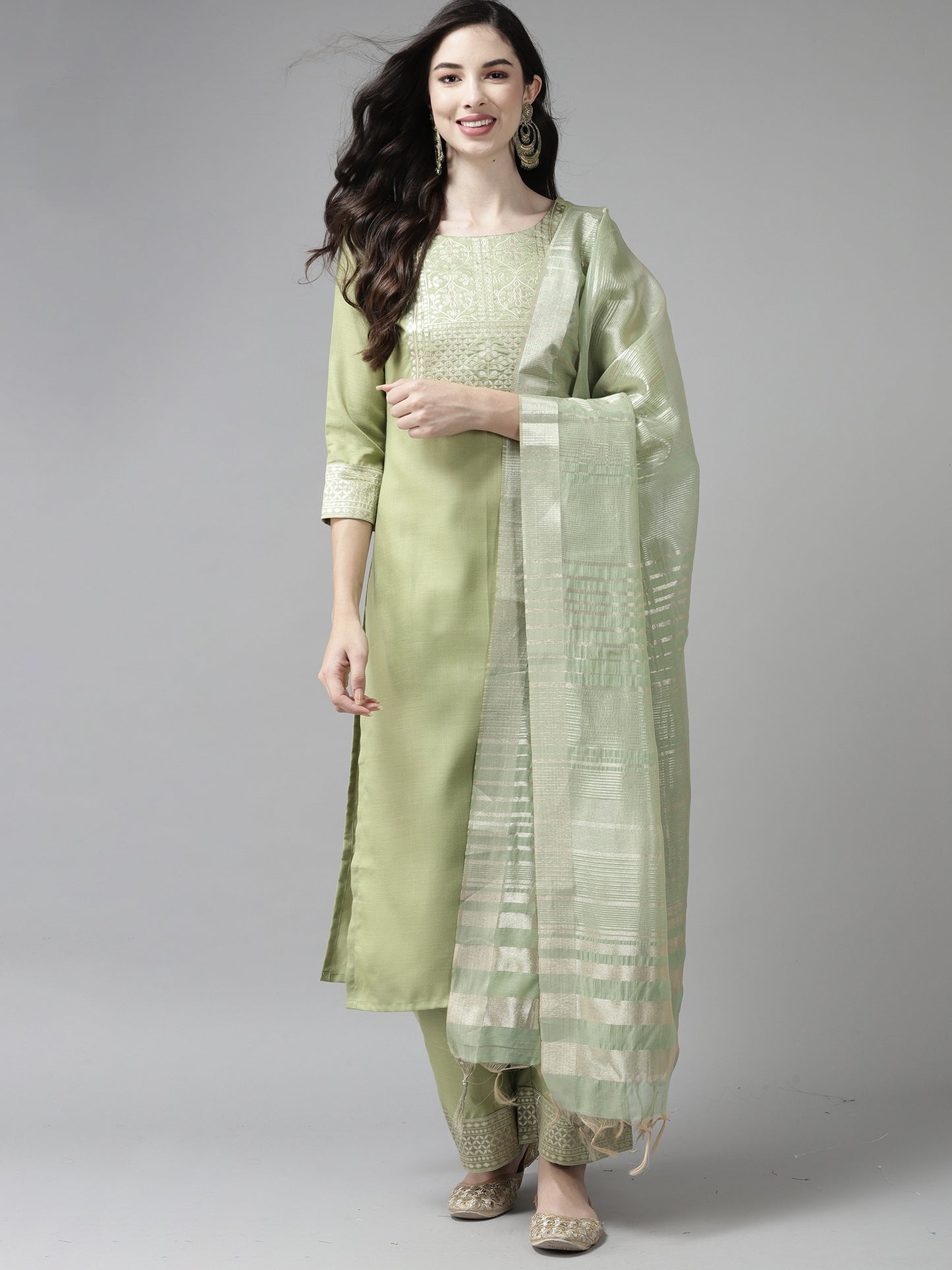 IE Solid Green Straight Kurta Palazzo With Dupatta Set