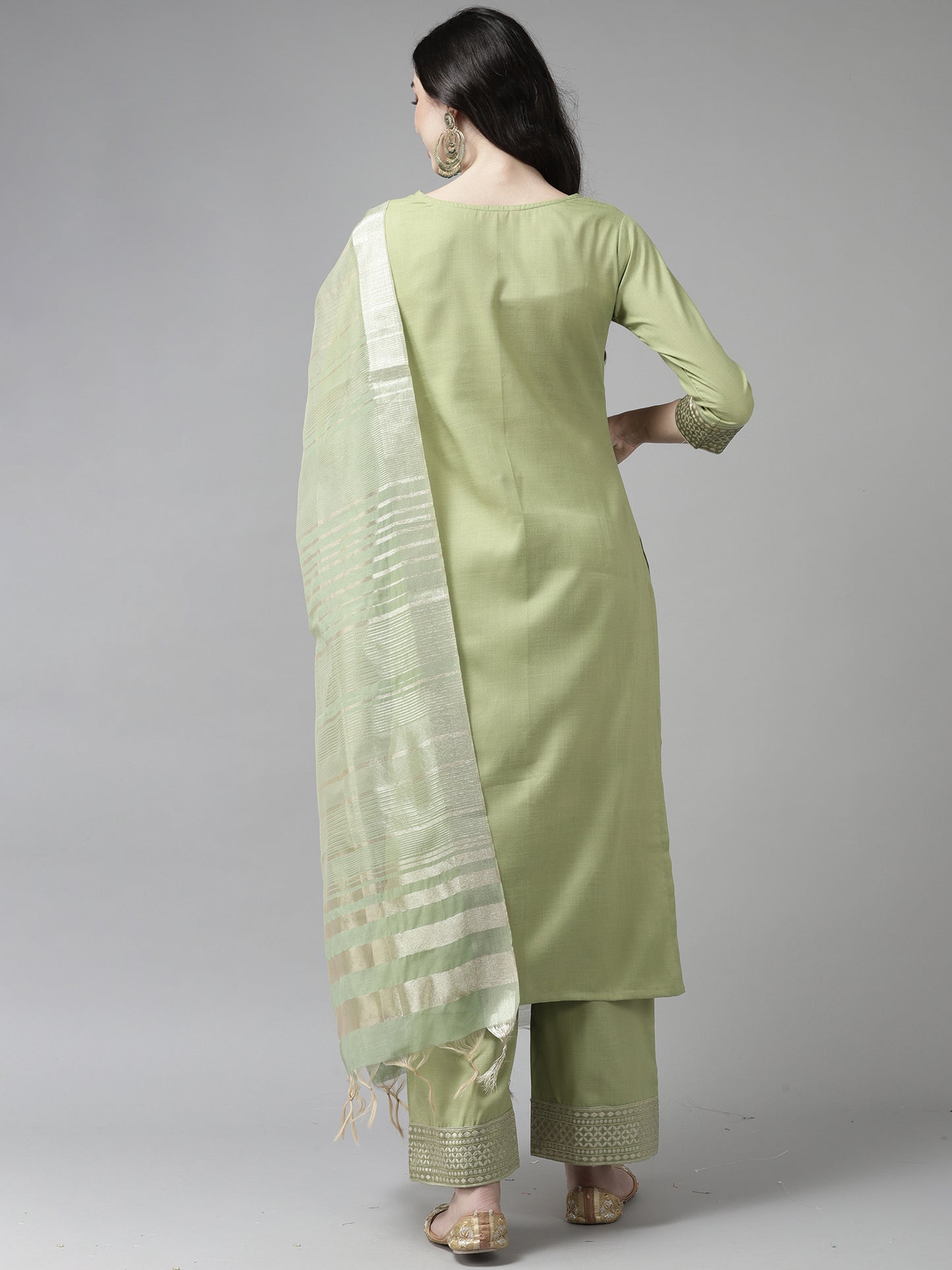 IE Solid Green Straight Kurta Palazzo With Dupatta Set