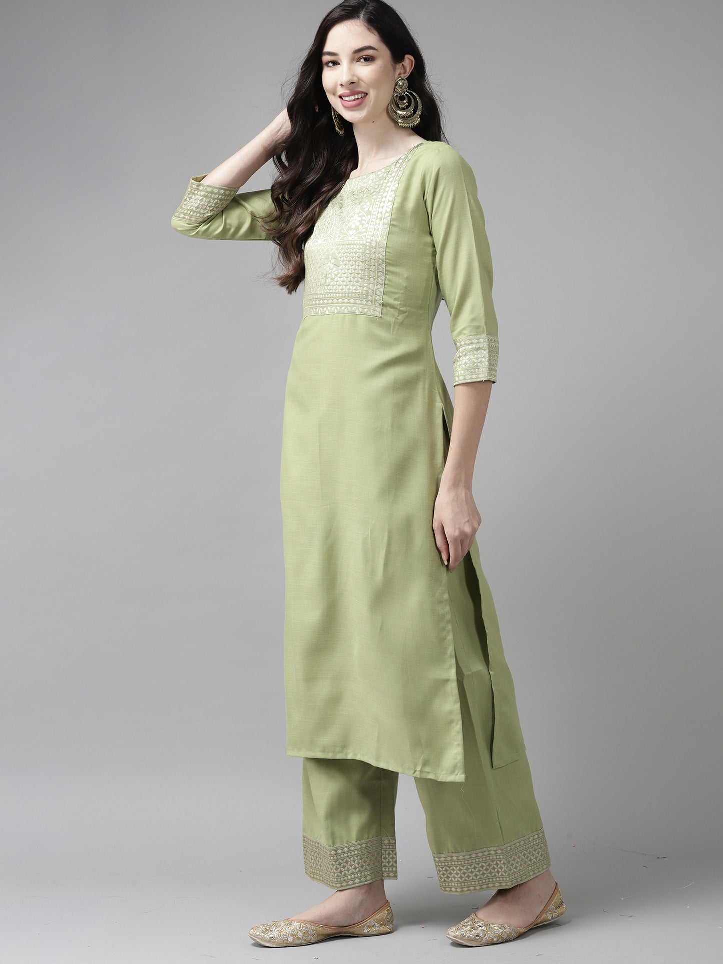 IE Solid Green Straight Kurta Palazzo With Dupatta Set