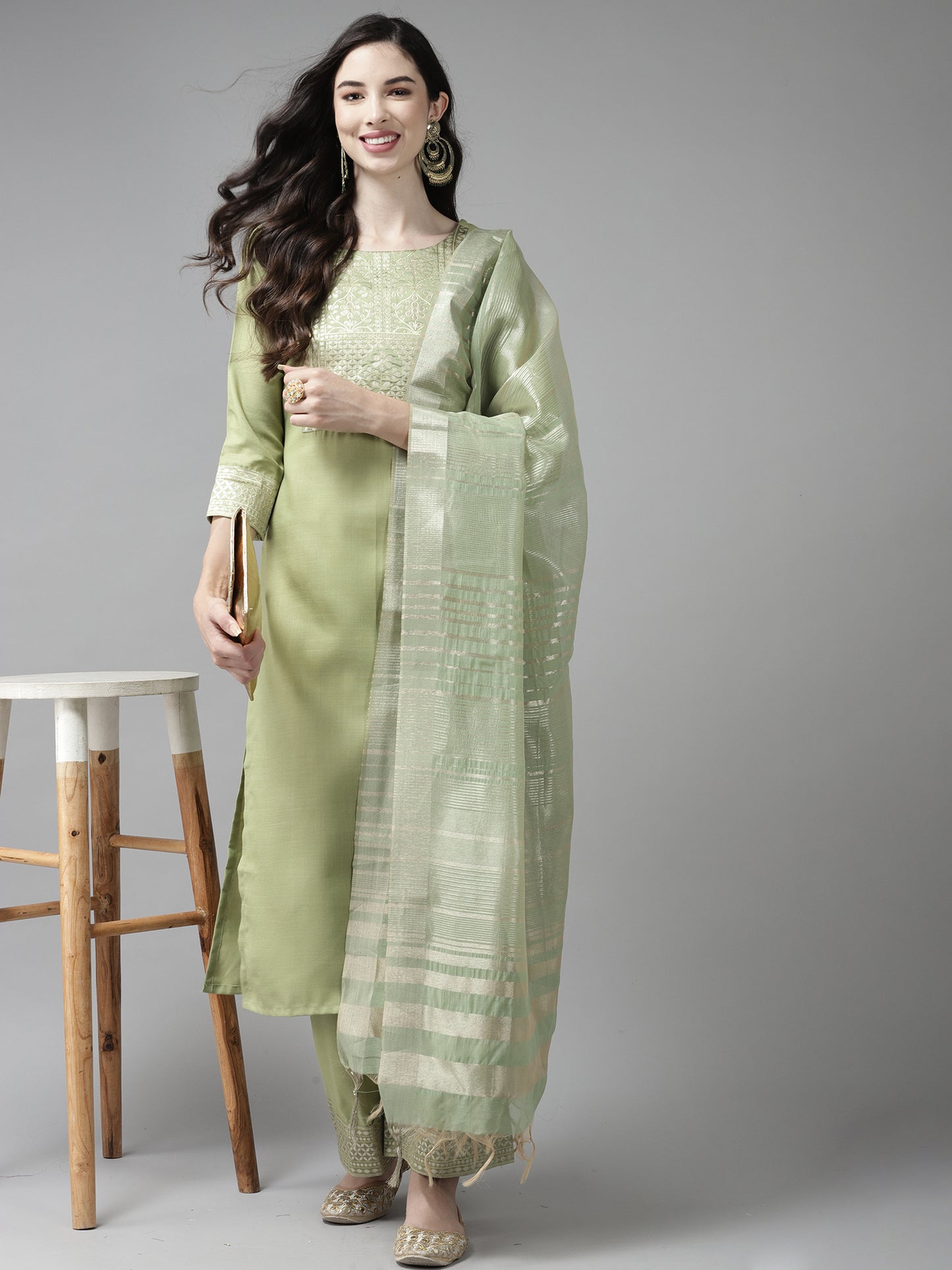 IE Solid Green Straight Kurta Palazzo With Dupatta Set