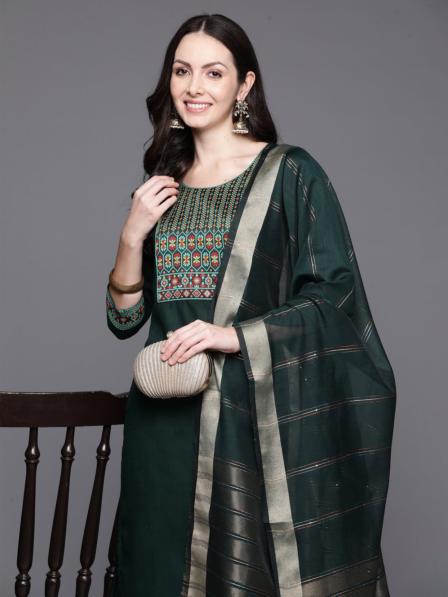 IE Green Yoke Design Straight Kurta Palazzos With Dupatta Set