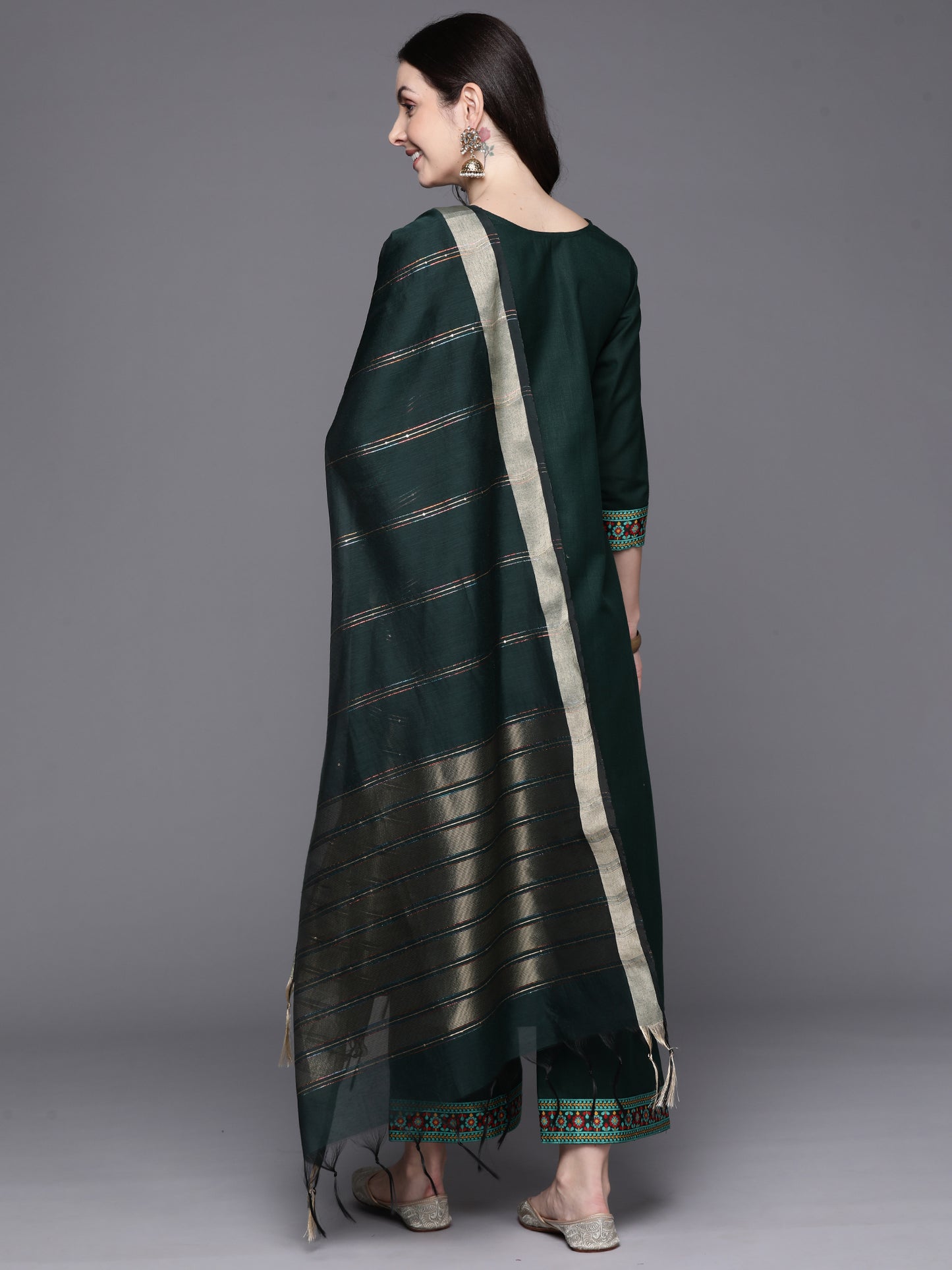 IE Green Yoke Design Straight Kurta Palazzos With Dupatta Set